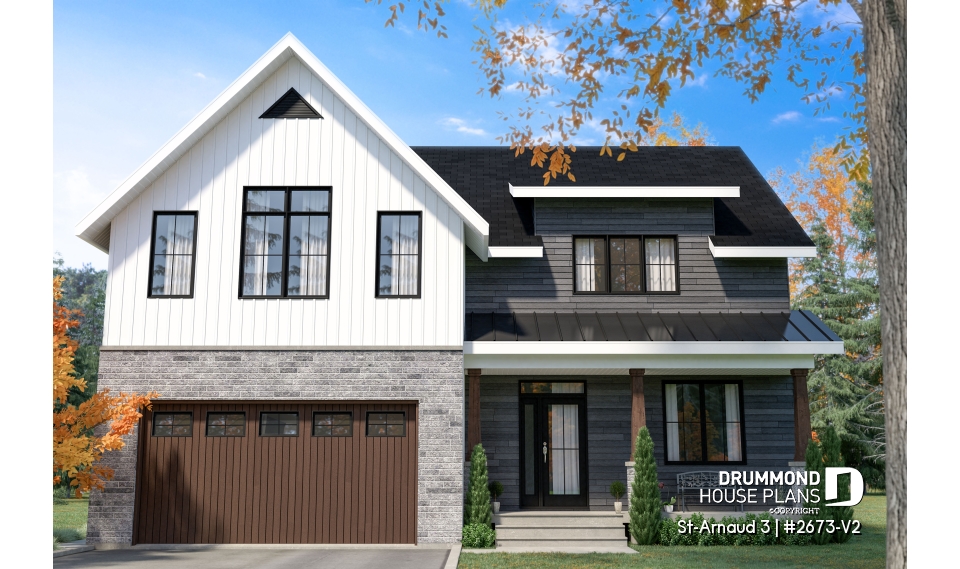 front - BASE MODEL - Contemporary Farmhouse Home Plan – 4 Bedrooms, Double Garage and Stunning Fireplace - St-Arnaud 3