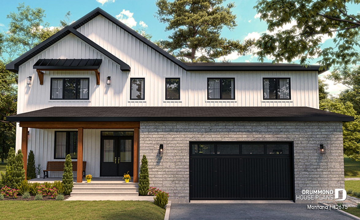 front - BASE MODEL - 3 to 4 bedroom house plan + home office + workshop, spacious garage, pantry, mudroom,  - Montana