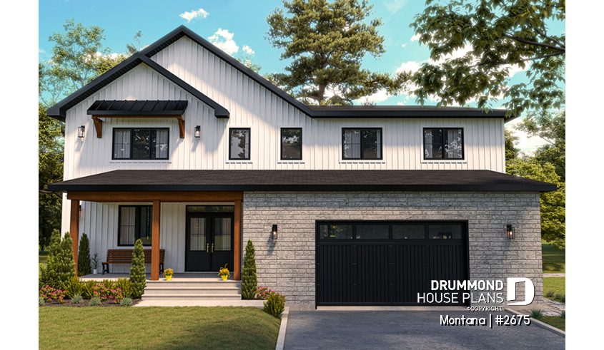 front - BASE MODEL - 3 to 4 bedroom house plan + home office + workshop, spacious garage, pantry, mudroom,  - Montana
