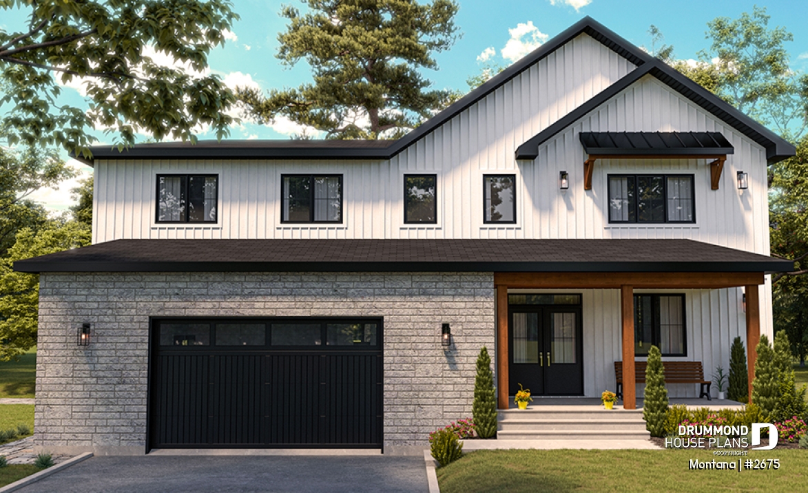 front - BASE MODEL - 3 to 4 bedroom house plan + home office + workshop, spacious garage, pantry, mudroom,  - Montana