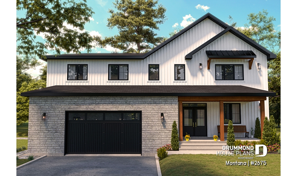 front - BASE MODEL - 3 to 4 bedroom house plan + home office + workshop, spacious garage, pantry, mudroom,  - Montana