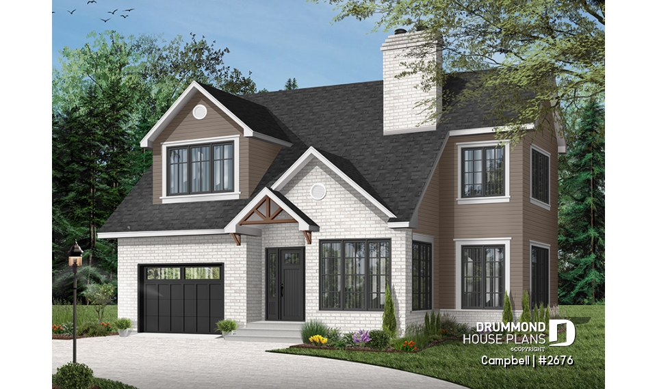 Color version 2 - Front - Traditional two-story home with garage, fireplace, master suite, home office, beautiful layout. - Campbell