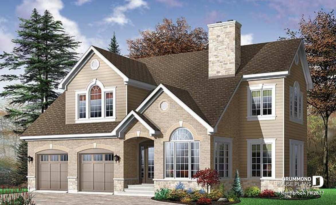 front - BASE MODEL - 2-story house plan with 2 master suites, total 4 bedrooms 3.5 baths, home office, 2-car garage, lots of light - Northbrook