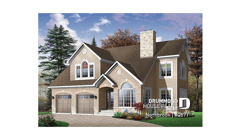 front - BASE MODEL - 2-story house plan with 2 master suites, total 4 bedrooms 3.5 baths, home office, 2-car garage, lots of light - Northbrook