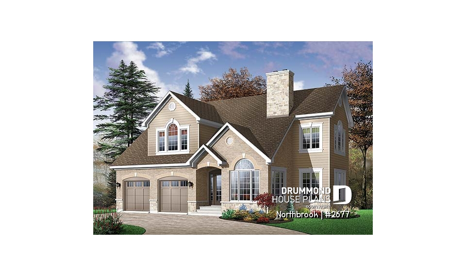 front - BASE MODEL - 2-story house plan with 2 master suites, total 4 bedrooms 3.5 baths, home office, 2-car garage, lots of light - Northbrook