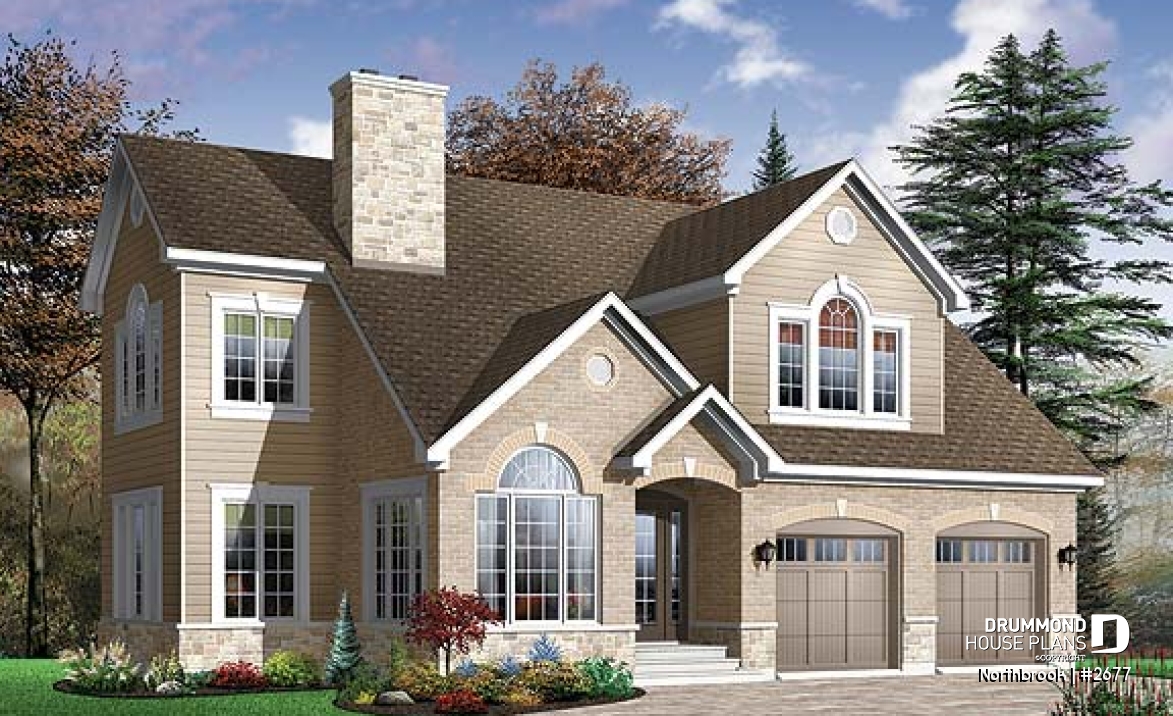 front - BASE MODEL - 2-story house plan with 2 master suites, total 4 bedrooms 3.5 baths, home office, 2-car garage, lots of light - Northbrook