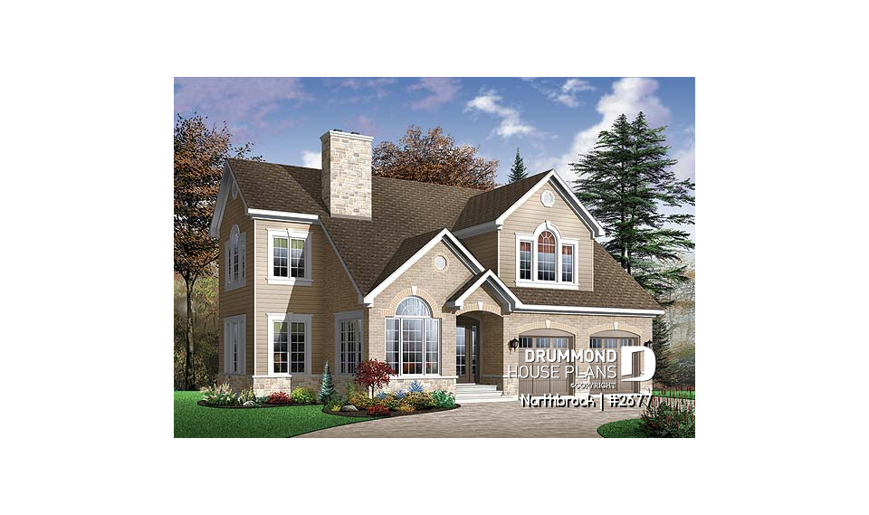 front - BASE MODEL - 2-story house plan with 2 master suites, total 4 bedrooms 3.5 baths, home office, 2-car garage, lots of light - Northbrook