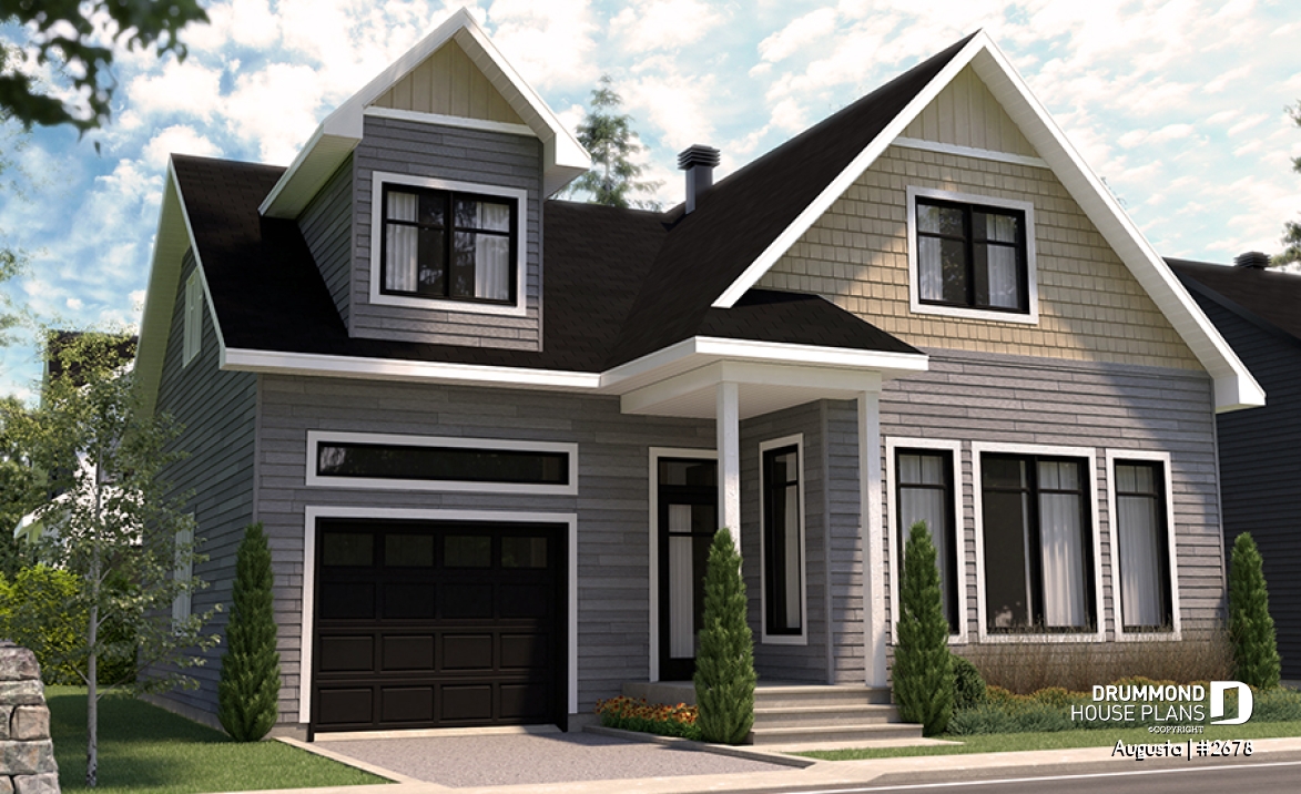 Color version 1 - Front - Affordable Cape Cod style house plan, 3 bedrooms, garage, kitchen with pantry, laundry room on main floor - Augusta
