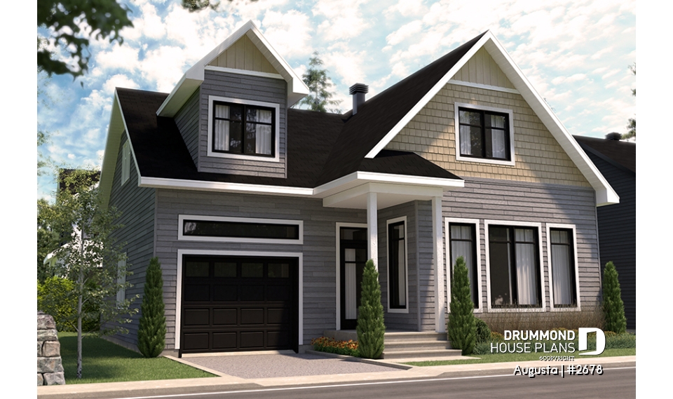 Color version 1 - Front - Affordable Cape Cod style house plan, 3 bedrooms, garage, kitchen with pantry, laundry room on main floor - Augusta