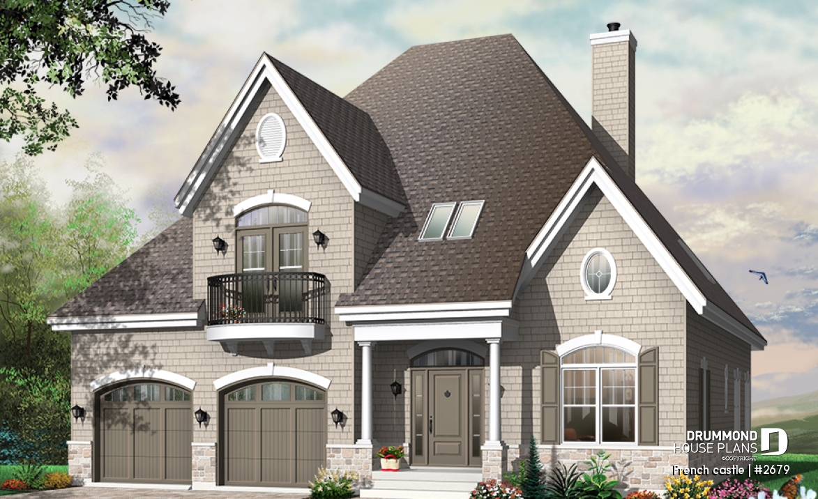 front - BASE MODEL - Modern rustic cottage of 4 bedrooms, 2-car garage &amp; 9' ceiling on main, home office, breakfast nook - French castle
