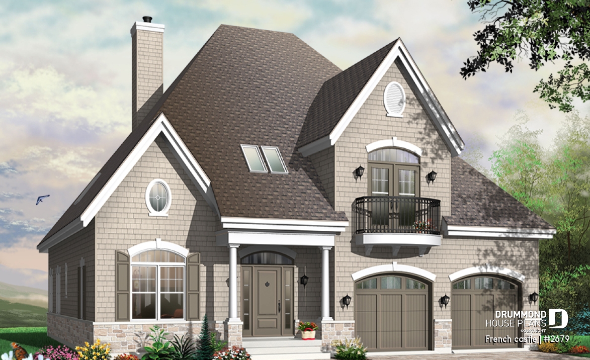 front - BASE MODEL - Modern rustic cottage of 4 bedrooms, 2-car garage &amp; 9' ceiling on main, home office, breakfast nook - French castle