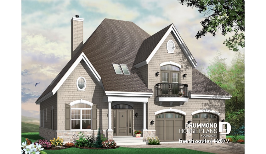 front - BASE MODEL - Modern rustic cottage of 4 bedrooms, 2-car garage & 9' ceiling on main, home office, breakfast nook - French castle