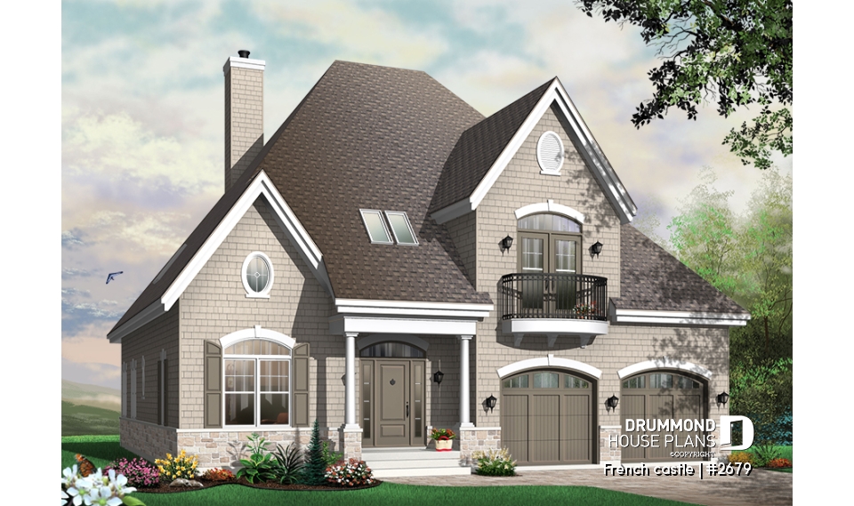 front - BASE MODEL - Modern rustic cottage of 4 bedrooms, 2-car garage &amp; 9' ceiling on main, home office, breakfast nook - French castle