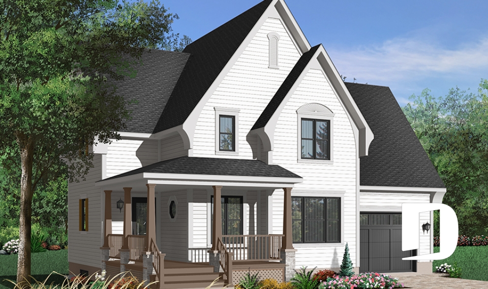 Color version 2 - Front - Tudor house plan with garage, 3 large bedrooms, open floor concept, laundry room on main floor - Scott