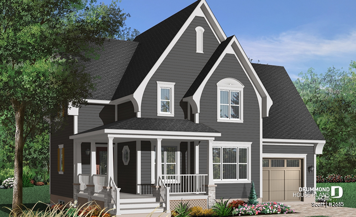 Color version 6 - Front - Tudor house plan with garage, 3 large bedrooms, open floor concept, laundry room on main floor - Scott