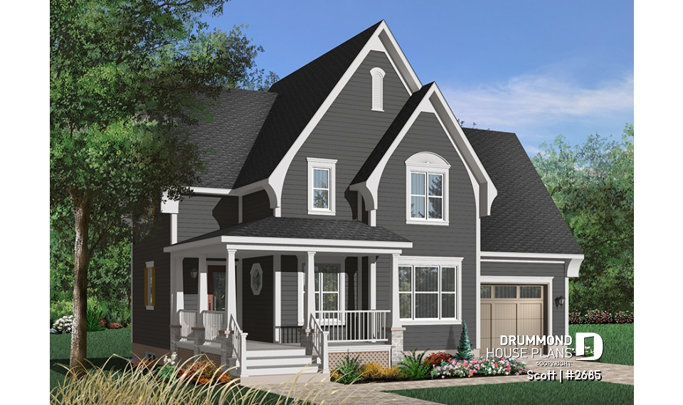 Color version 6 - Front - Tudor house plan with garage, 3 large bedrooms, open floor concept, laundry room on main floor - Scott