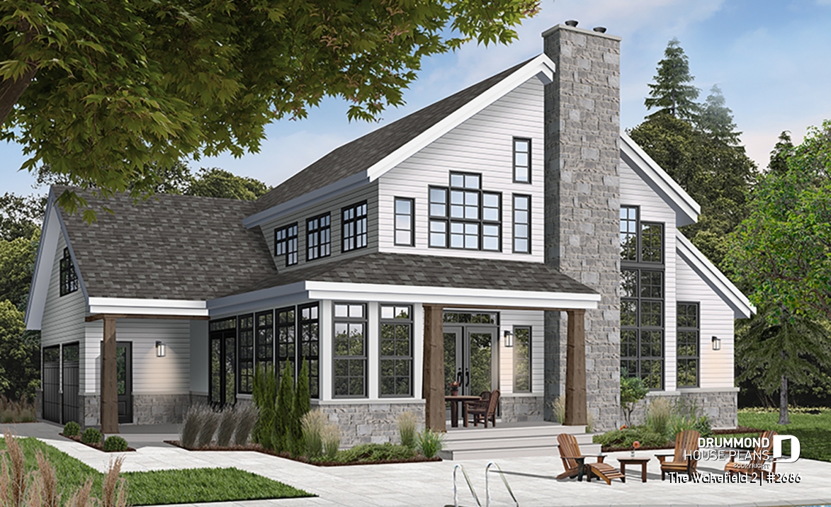 Rear view - BASE MODEL - 2-car garage French country house plan, 3-4 bedrooms, sun room, home office, huge kitchen island and fireplace - The Wakefield 2