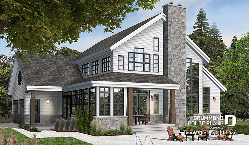 Rear view - BASE MODEL - 2-car garage French country house plan, 3-4 bedrooms, sun room, home office, huge kitchen island and fireplace - The Wakefield 2