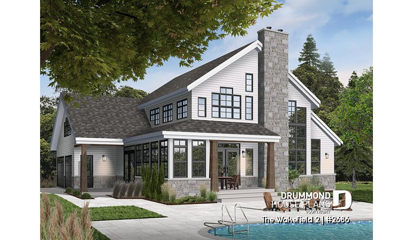 Rear view - BASE MODEL - 2-car garage French country house plan, 3-4 bedrooms, sun room, home office, huge kitchen island and fireplace - The Wakefield 2