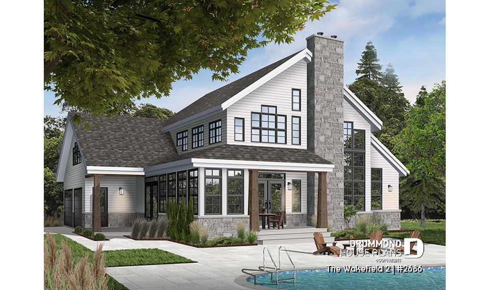 Rear view - BASE MODEL - 2-car garage French country house plan, 3-4 bedrooms, sun room, home office, huge kitchen island and fireplace - The Wakefield 2