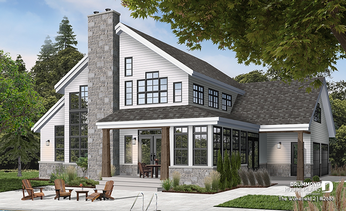 Rear view - BASE MODEL - 2-car garage French country house plan, 3-4 bedrooms, sun room, home office, huge kitchen island and fireplace - The Wakefield 2