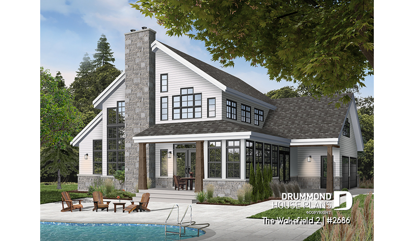 Rear view - BASE MODEL - 2-car garage French country house plan, 3-4 bedrooms, sun room, home office, huge kitchen island and fireplace - The Wakefield 2