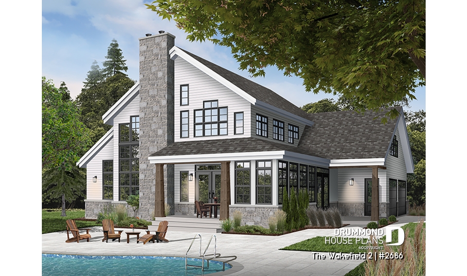 Rear view - BASE MODEL - 2-car garage French country house plan, 3-4 bedrooms, sun room, home office, huge kitchen island and fireplace - The Wakefield 2