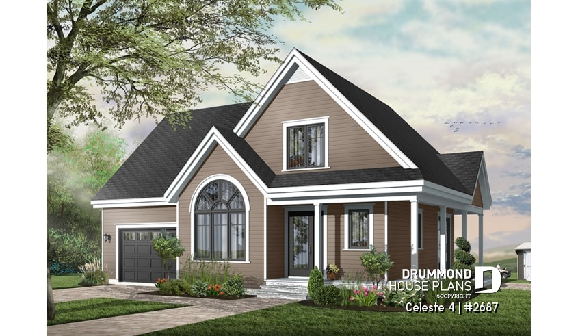 front - BASE MODEL - Country style 3 bedroom house plan, garage, lots of natural lights, affordable construction costs, garage - Celeste 4
