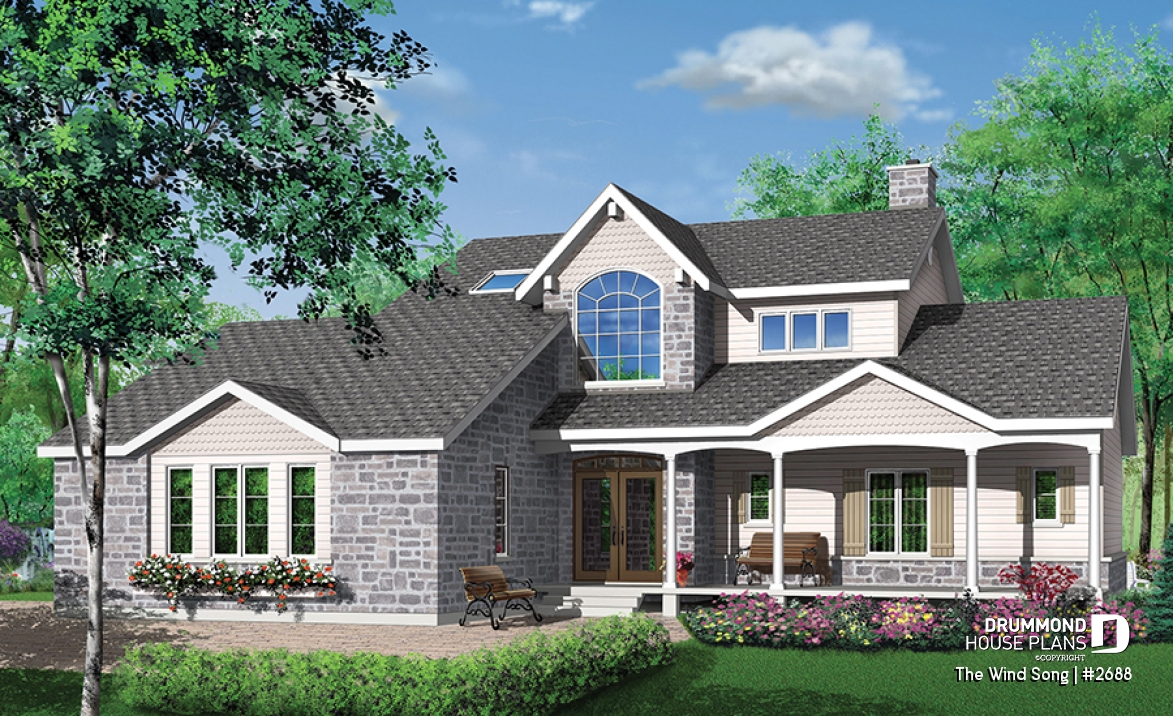 front - BASE MODEL - 3 to 4 bedrooms Traditional home, sunroom, 2-car garage, large bonus space, lots of natural light - The Wind Song