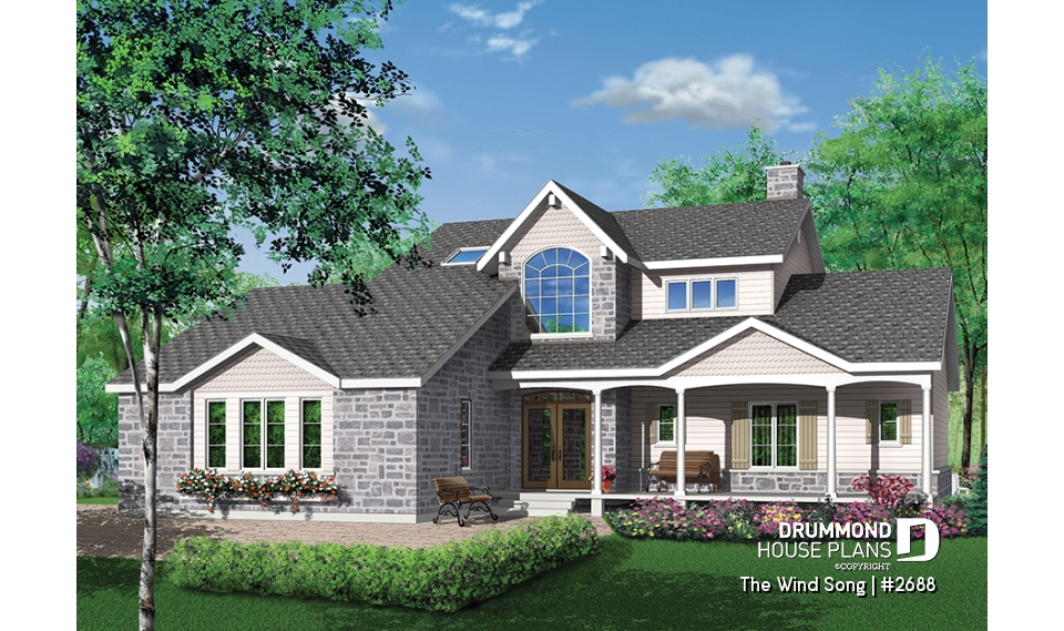 front - BASE MODEL - 3 to 4 bedrooms Traditional home, sunroom, 2-car garage, large bonus space, lots of natural light - The Wind Song