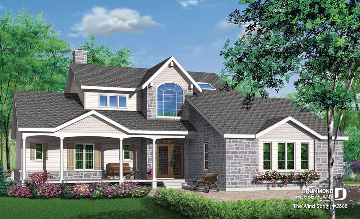 front - BASE MODEL - 3 to 4 bedrooms Traditional home, sunroom, 2-car garage, large bonus space, lots of natural light - The Wind Song
