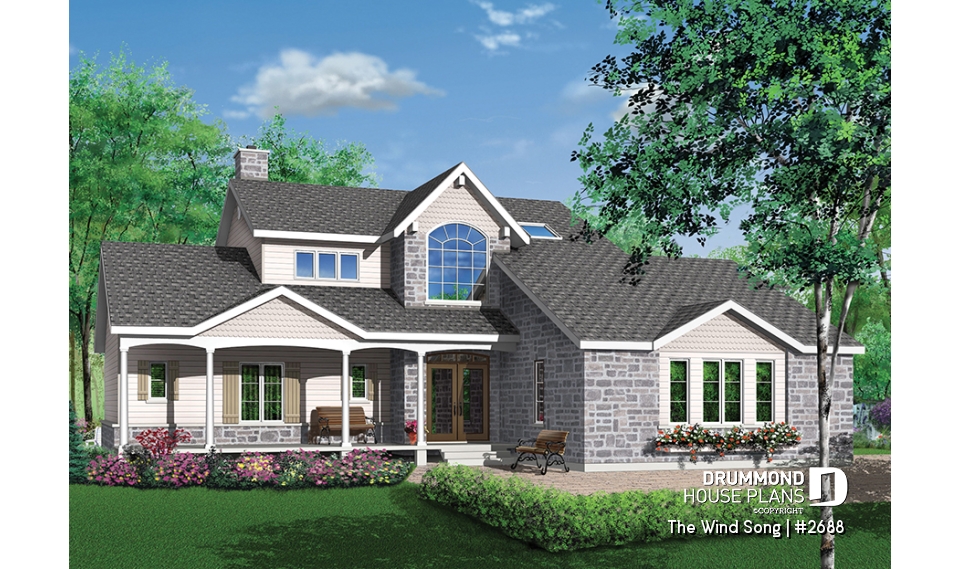front - BASE MODEL - 3 to 4 bedrooms Traditional home, sunroom, 2-car garage, large bonus space, lots of natural light - The Wind Song