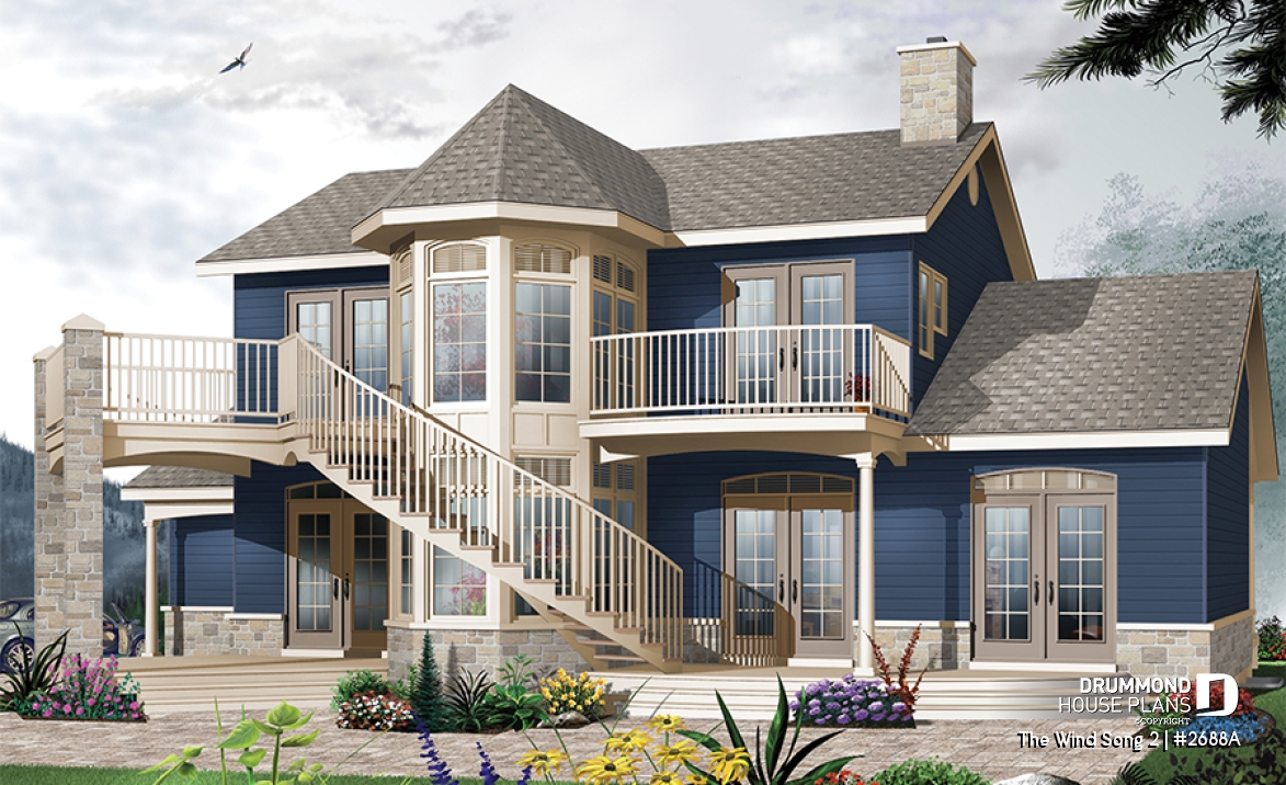 Rear view - BASE MODEL - 3 to 4 bedroom house plan with panoramic views, large bonus room, 2-car garage side-load - The Wind Song 2