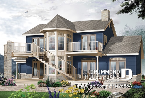 Rear view - BASE MODEL - 3 to 4 bedroom house plan with panoramic views, large bonus room, 2-car garage side-load - The Wind Song 2