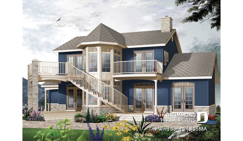 Rear view - BASE MODEL - 3 to 4 bedroom house plan with panoramic views, large bonus room, 2-car garage side-load - The Wind Song 2