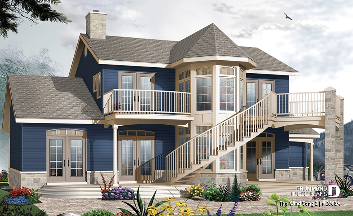 Rear view - BASE MODEL - 3 to 4 bedroom house plan with panoramic views, large bonus room, 2-car garage side-load - The Wind Song 2