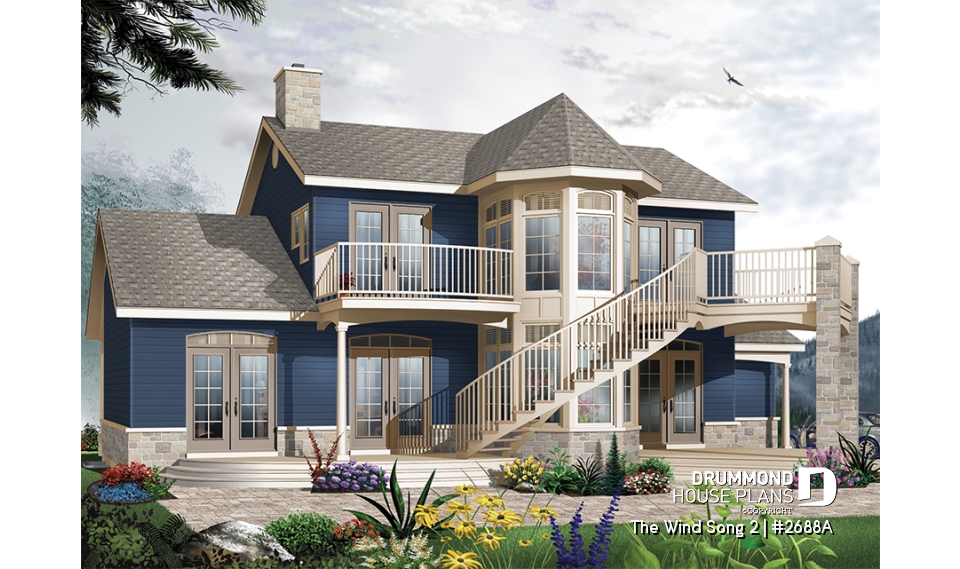 Rear view - BASE MODEL - 3 to 4 bedroom house plan with panoramic views, large bonus room, 2-car garage side-load - The Wind Song 2