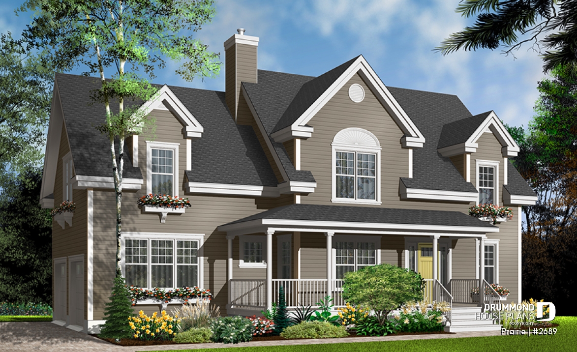 Color version 2 - Front - Beautiful traditional home plan, side loading 2-car garage, 3+ bedrooms, large bonus room and home office - Prairie