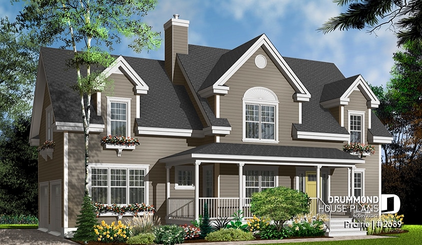 Color version 2 - Front - Beautiful traditional home plan, side loading 2-car garage, 3+ bedrooms, large bonus room and home office - Prairie