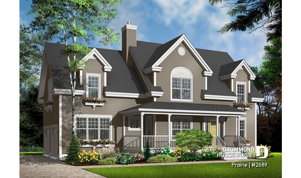 Color version 2 - Front - Beautiful traditional home plan, side loading 2-car garage, 3+ bedrooms, large bonus room and home office - Prairie