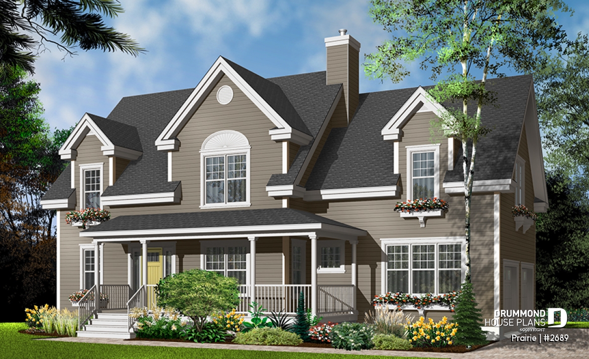 Color version 2 - Front - Beautiful traditional home plan, side loading 2-car garage, 3+ bedrooms, large bonus room and home office - Prairie