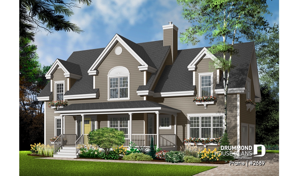 Color version 2 - Front - Beautiful traditional home plan, side loading 2-car garage, 3+ bedrooms, large bonus room and home office - Prairie