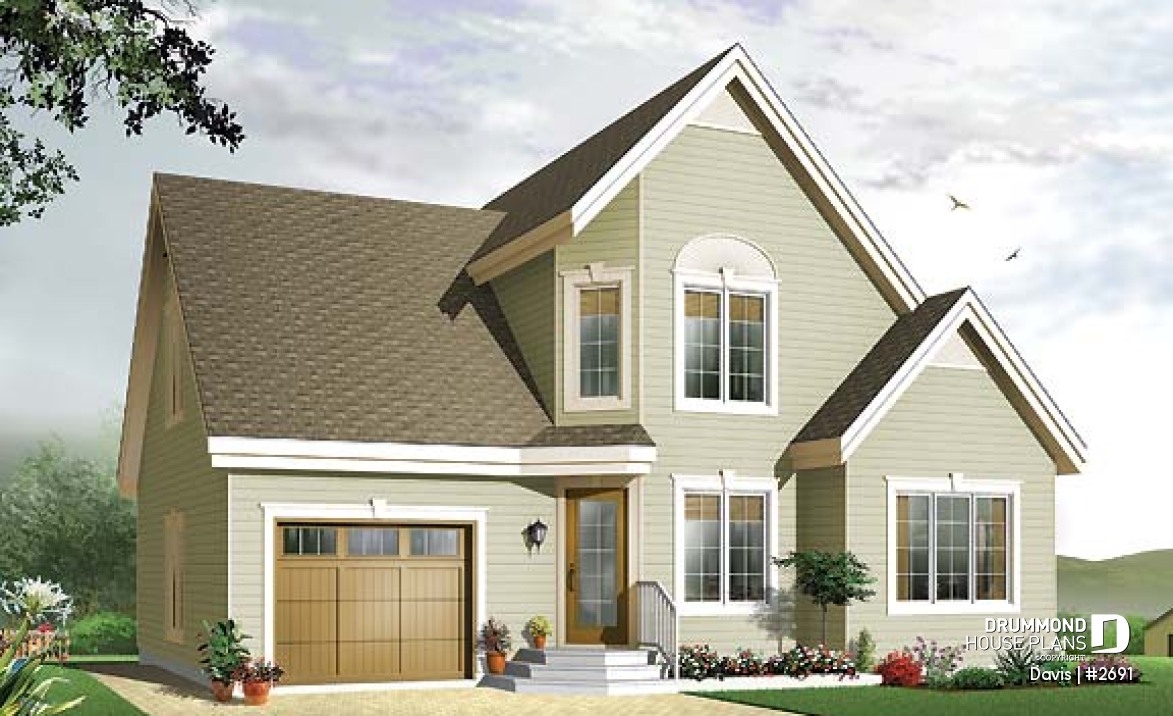 front - BASE MODEL - 3 bedroom stylish scandinavian style small house plan with 3 large bedrooms, eat-in kitchen and garage - Davis