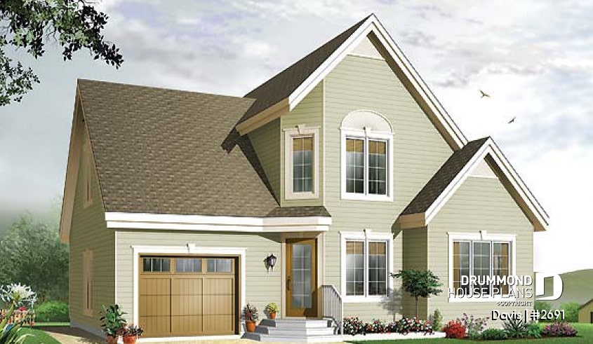 front - BASE MODEL - 3 bedroom stylish scandinavian style small house plan with 3 large bedrooms, eat-in kitchen and garage - Davis
