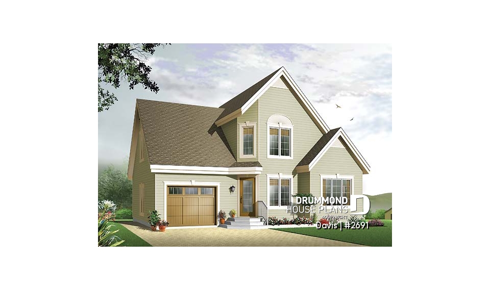 front - BASE MODEL - 3 bedroom stylish scandinavian style small house plan with 3 large bedrooms, eat-in kitchen and garage - Davis