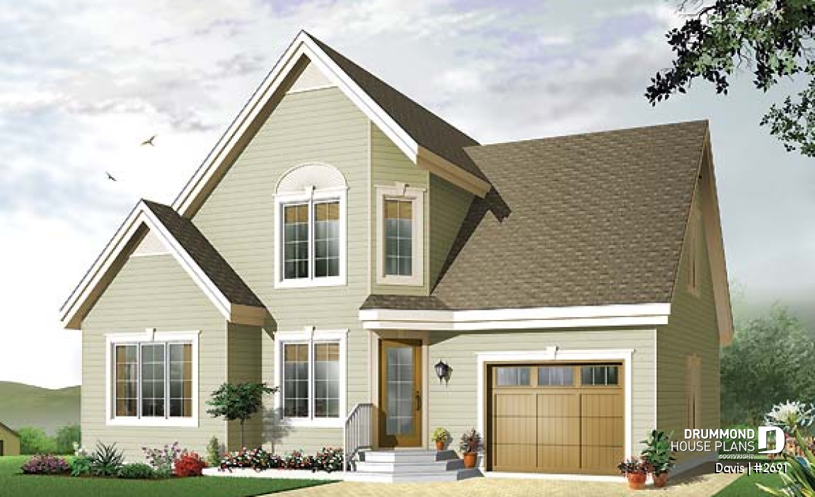 front - BASE MODEL - 3 bedroom stylish scandinavian style small house plan with 3 large bedrooms, eat-in kitchen and garage - Davis