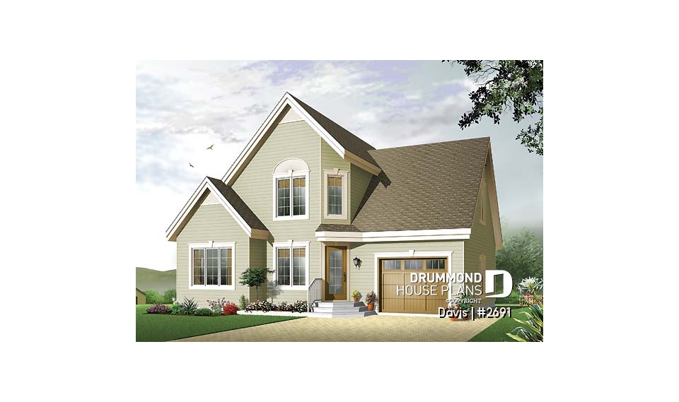 front - BASE MODEL - 3 bedroom stylish scandinavian style small house plan with 3 large bedrooms, eat-in kitchen and garage - Davis