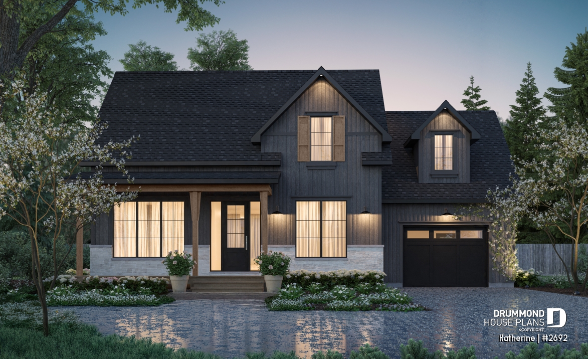 front - BASE MODEL - Modern Farmhouse House Plan with Maibec Stone, 3 Bedrooms and Garage - Katherine