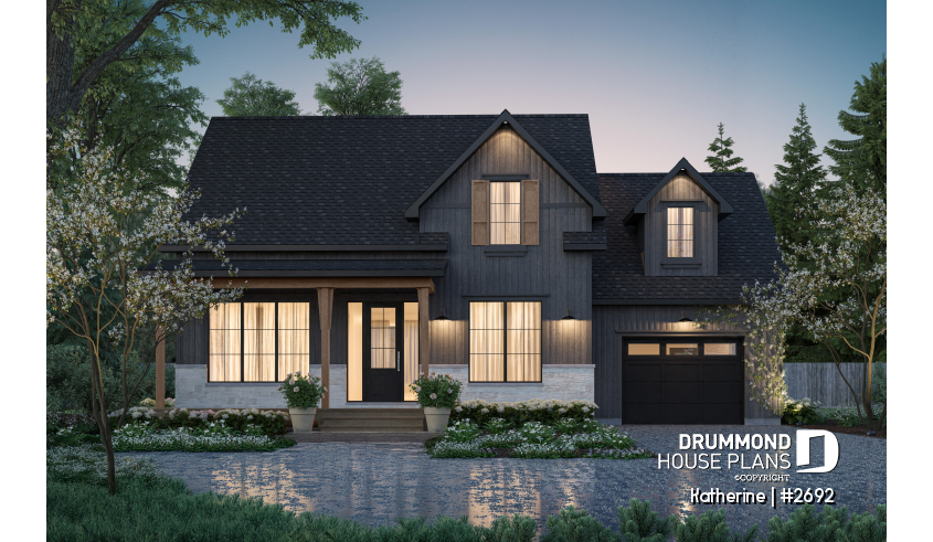front - BASE MODEL - Modern Farmhouse House Plan with Maibec Stone, 3 Bedrooms and Garage - Katherine