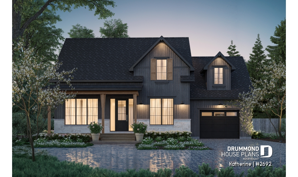 front - BASE MODEL - Modern Farmhouse House Plan with Maibec Stone, 3 Bedrooms and Garage - Katherine